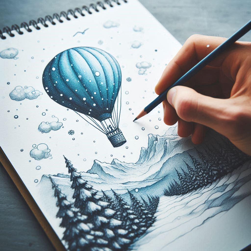 a person drawing a hot air balloon floating over a snowing landscape, with the drawing half done