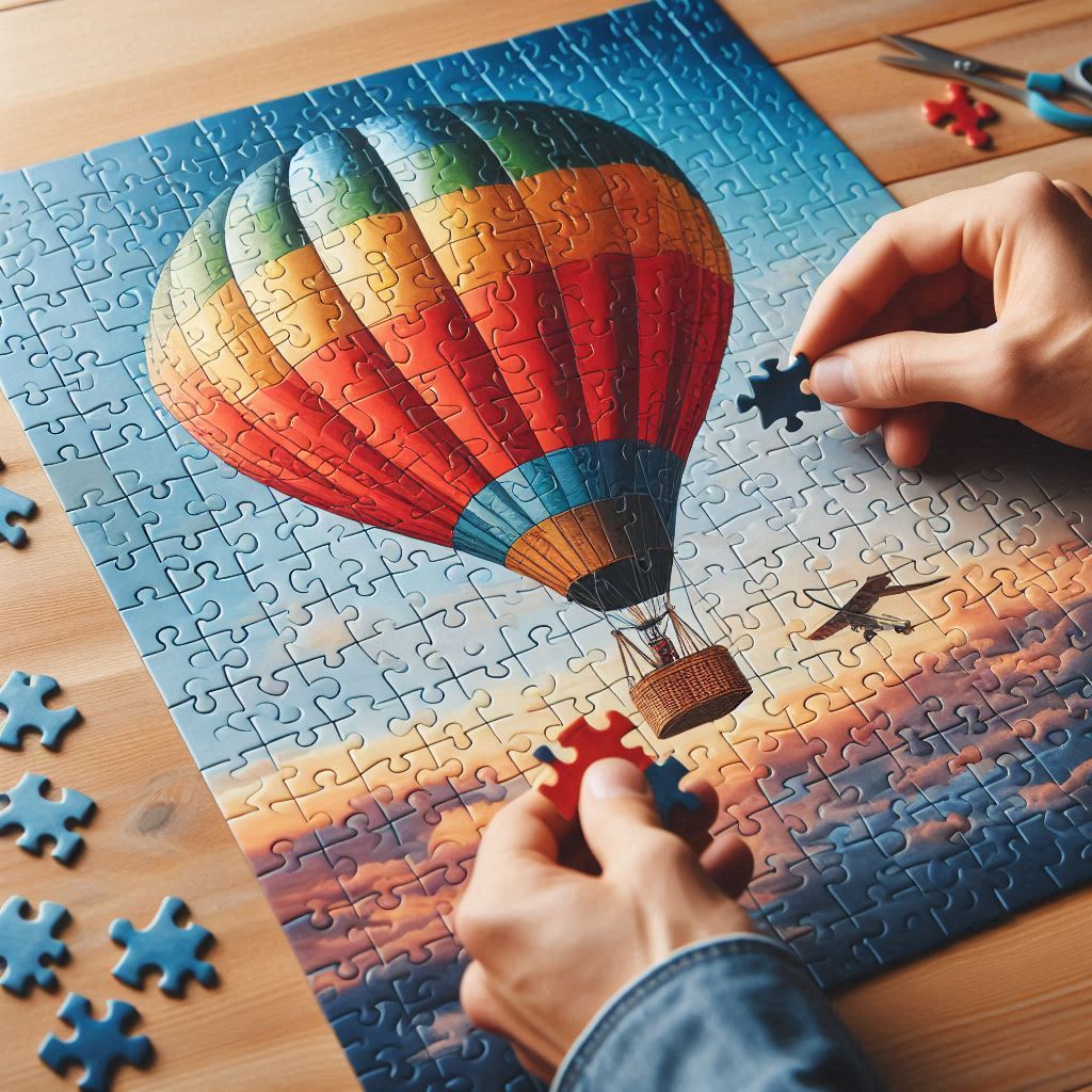 a person putting together a jigsaw puzzle of a hot air balloon